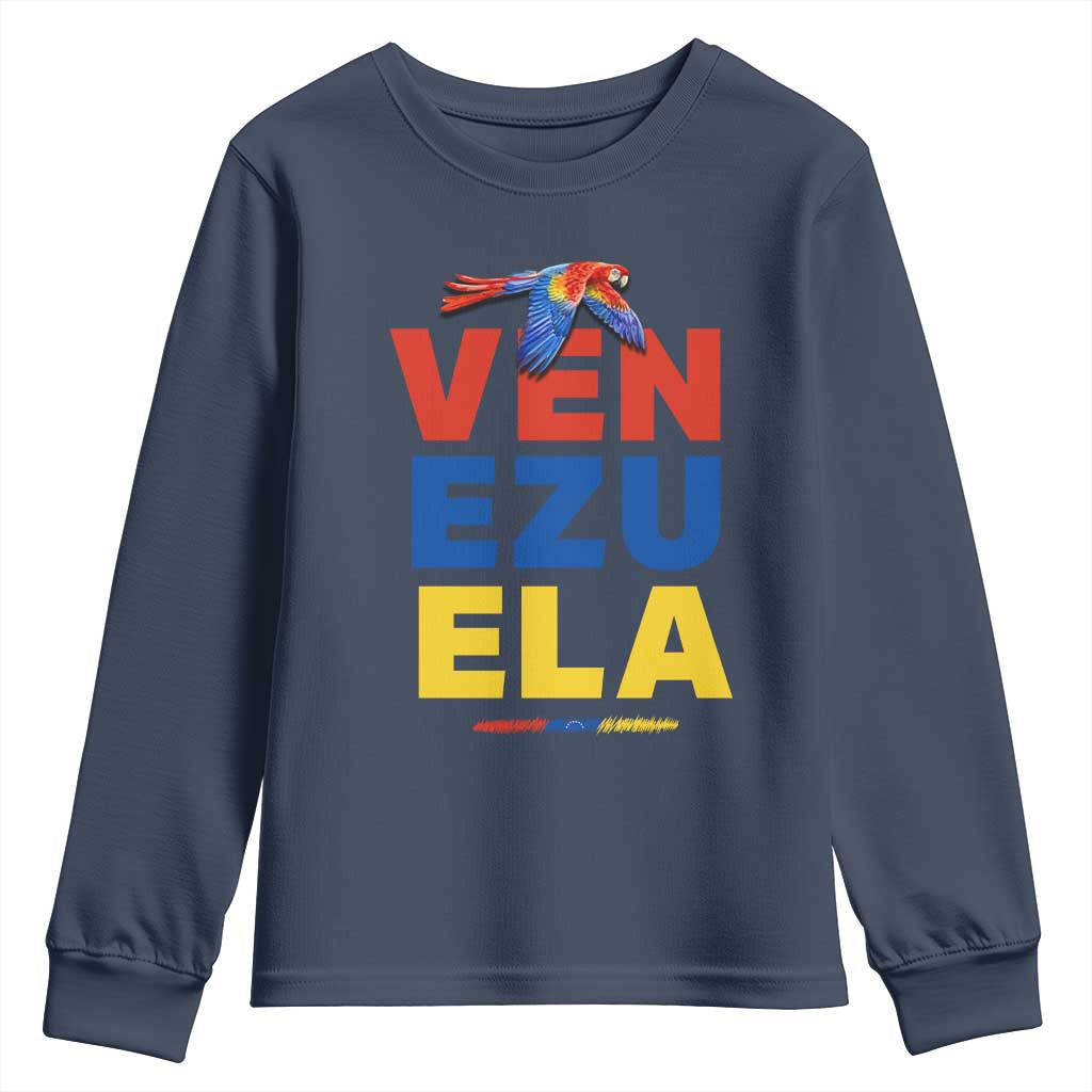Venezuela Pride Flying Scarlet Macaw Youth Sweatshirt Ara Macao Guacamaya Venezuelan Pride Tropical Bird TS02 Navy Print Your Wear