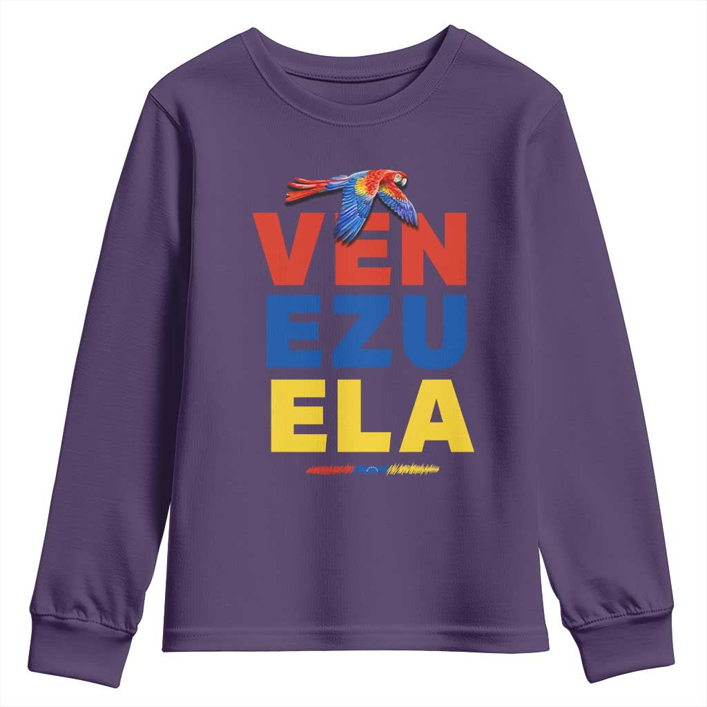 Venezuela Pride Flying Scarlet Macaw Youth Sweatshirt Ara Macao Guacamaya Venezuelan Pride Tropical Bird TS02 Purple Print Your Wear