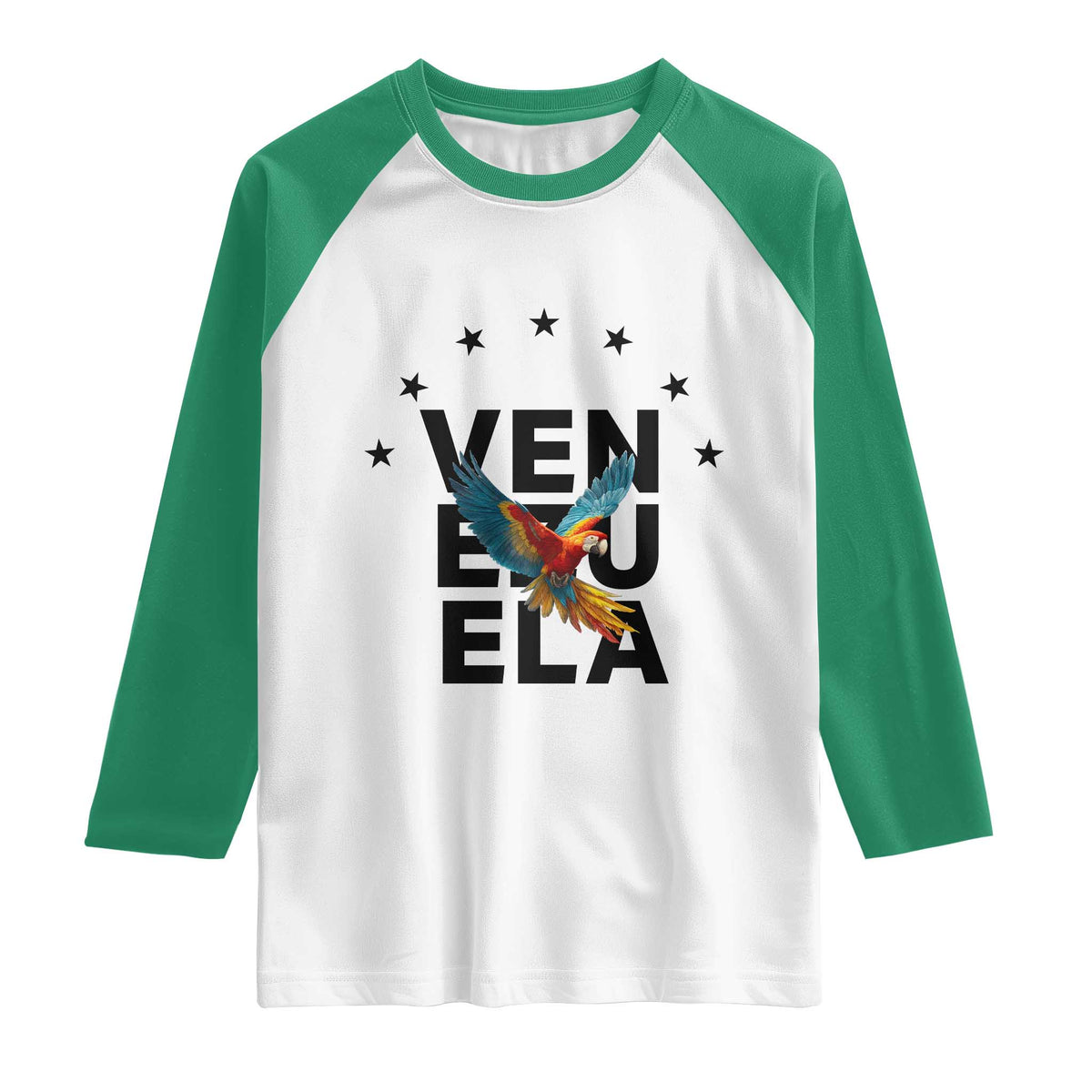 Venezuela Pride Flying Macaw Raglan Shirt Ara Macao Guacamaya Venezuelan Pride Tropical Bird TS02 White Kelly Green Print Your Wear