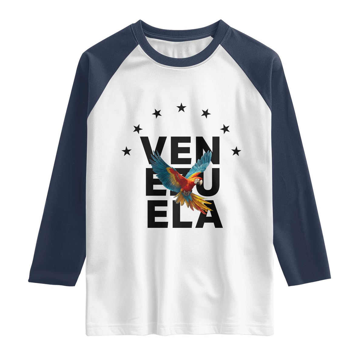 Venezuela Pride Flying Macaw Raglan Shirt Ara Macao Guacamaya Venezuelan Pride Tropical Bird TS02 White Navy Print Your Wear