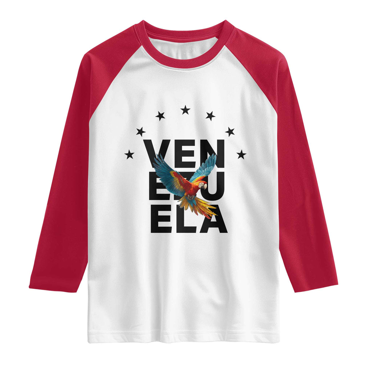 Venezuela Pride Flying Macaw Raglan Shirt Ara Macao Guacamaya Venezuelan Pride Tropical Bird TS02 White Red Print Your Wear