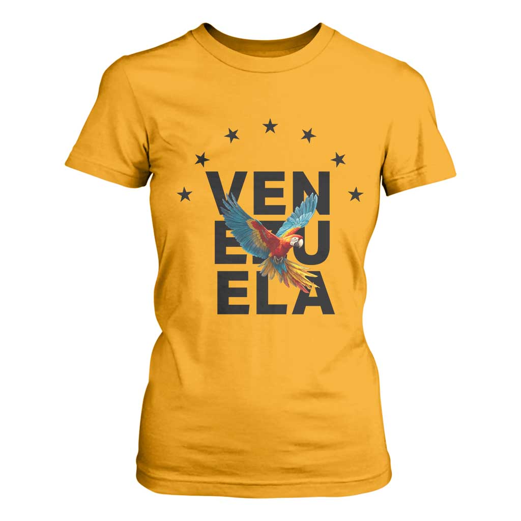 Venezuela Pride Flying Macaw T Shirt For Women Ara Macao Guacamaya Venezuelan Pride Tropical Bird TS02 Gold Print Your Wear