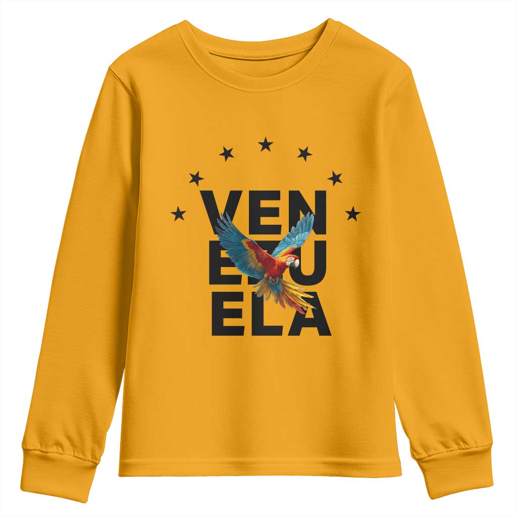 Venezuela Pride Flying Macaw Youth Sweatshirt Ara Macao Guacamaya Venezuelan Pride Tropical Bird TS02 Gold Print Your Wear