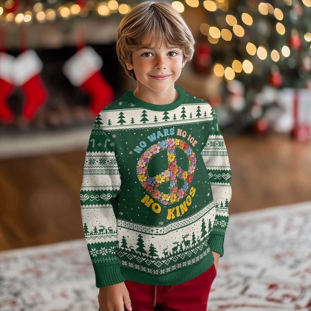 No Wars No Ice No Kings Retro Flower Ugly Christmas Sweater Hippie Floral Peace Sign Social Justice Anti War Protest TS02 Forest Green Beige Print Your Wear