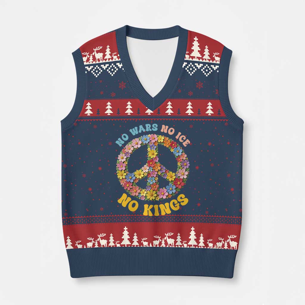 No Wars No Ice No Kings Retro Flower V-Neck Knit Sweater Vest Hippie Floral Peace Sign Social Justice Anti War Protest TS02 Navy Red Print Your Wear