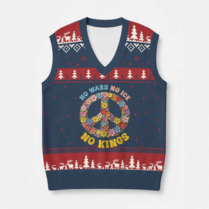 No Wars No Ice No Kings Retro Flower V-Neck Knit Sweater Vest Hippie Floral Peace Sign Social Justice Anti War Protest TS02 Navy Red Print Your Wear