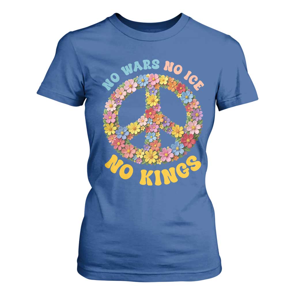 No Wars No Ice No Kings Retro Flower T Shirt For Women Hippie Floral Peace Sign Social Justice Anti War Protest TS02 Royal Blue Print Your Wear