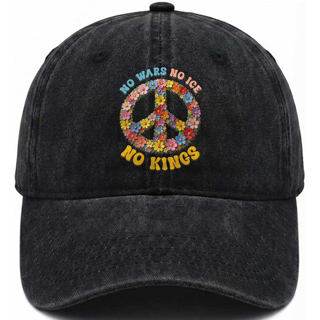 No Wars No Ice No Kings Retro Flower Washed Cotton Baseball Cap Hippie Floral Peace Sign Social Justice Anti War Protest TS02 Print Your Wear