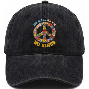No Wars No Ice No Kings Retro Flower Washed Cotton Baseball Cap Hippie Floral Peace Sign Social Justice Anti War Protest TS02 Print Your Wear