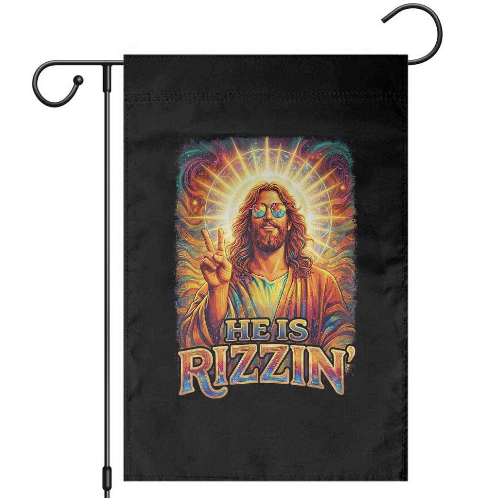 Funny Christian Easter He Is Rizzin Garden Flag Trendy Jesus Humor with Sunglasses Faith Based Meme Gift TS02 Black Print Your Wear