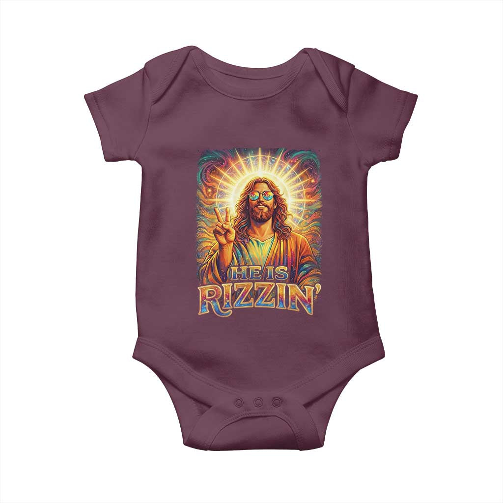 Funny Christian Easter He Is Rizzin Baby Onesie Trendy Jesus Humor with Sunglasses Faith Based Meme Gift TS02 Maroon Print Your Wear