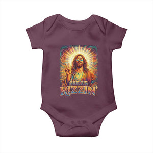 Funny Christian Easter He Is Rizzin Baby Onesie Trendy Jesus Humor with Sunglasses Faith Based Meme Gift TS02 Maroon Print Your Wear