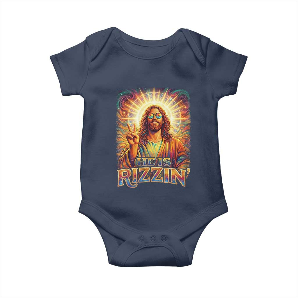 Funny Christian Easter He Is Rizzin Baby Onesie Trendy Jesus Humor with Sunglasses Faith Based Meme Gift TS02 Navy Print Your Wear