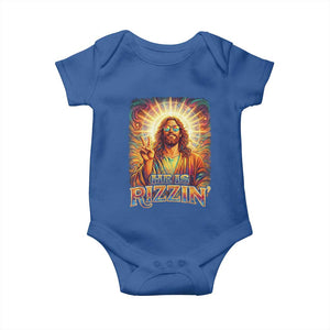 Funny Christian Easter He Is Rizzin Baby Onesie Trendy Jesus Humor with Sunglasses Faith Based Meme Gift TS02 Royal Blue Print Your Wear