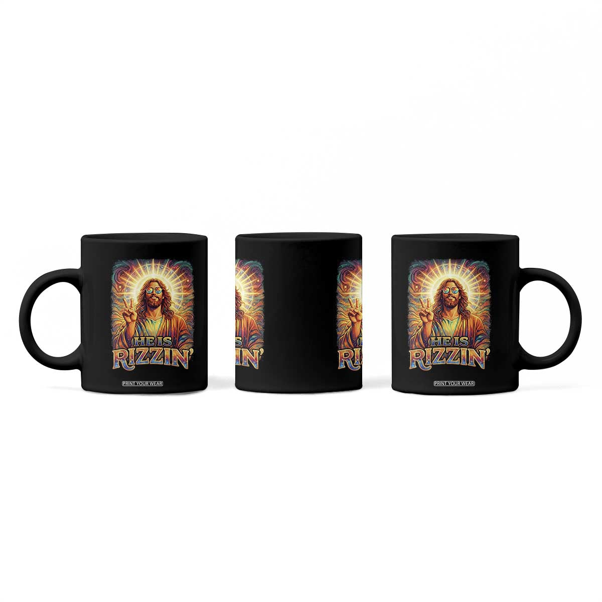 Funny Christian Easter He Is Rizzin Coffee Mug Trendy Jesus Humor with Sunglasses Faith Based Meme Gift TS02 Print Your Wear