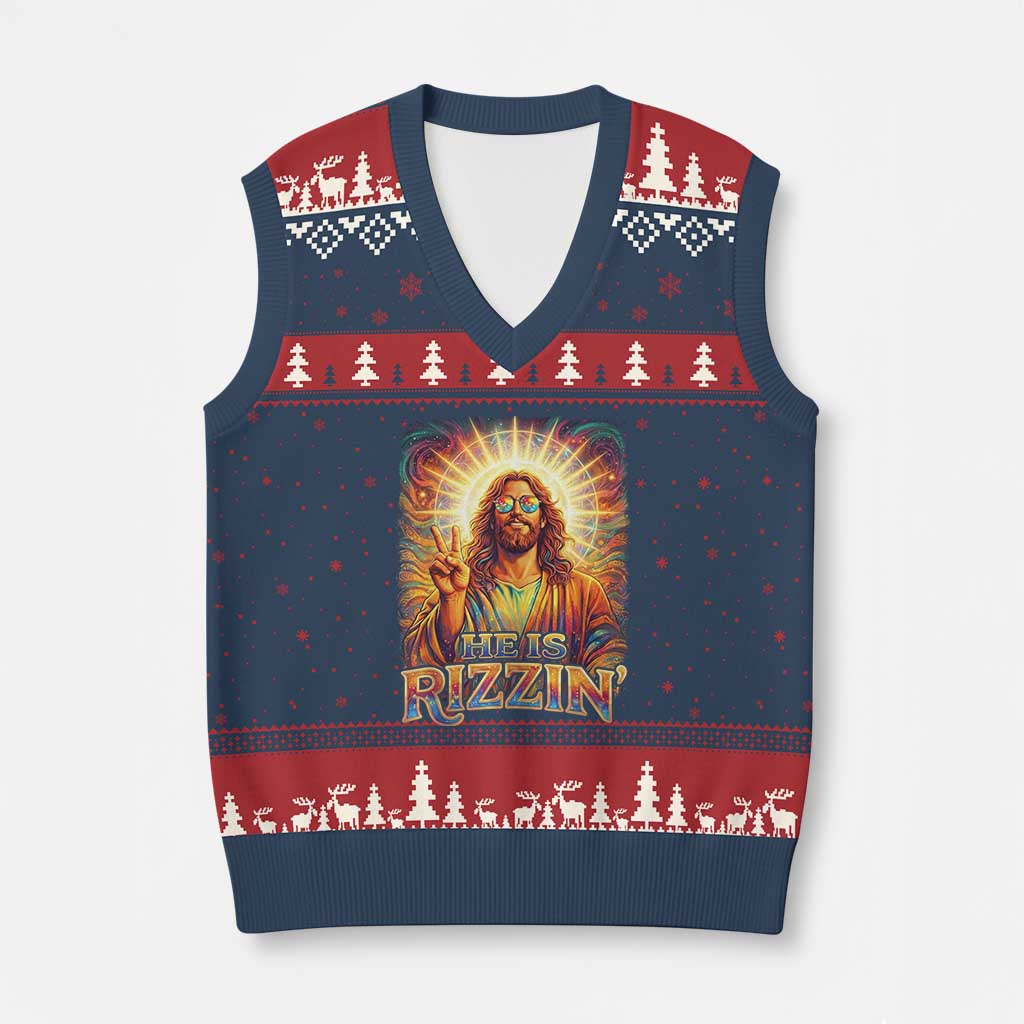 Funny Christian Easter He Is Rizzin V-Neck Knit Sweater Vest Trendy Jesus Humor with Sunglasses Faith Based Meme Gift TS02 Navy Red Print Your Wear