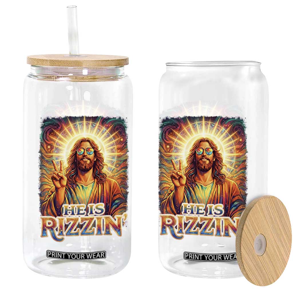 Funny Christian Easter He Is Rizzin Glass Can Trendy Jesus Humor with Sunglasses Faith Based Meme Gift TS02 Print Your Wear