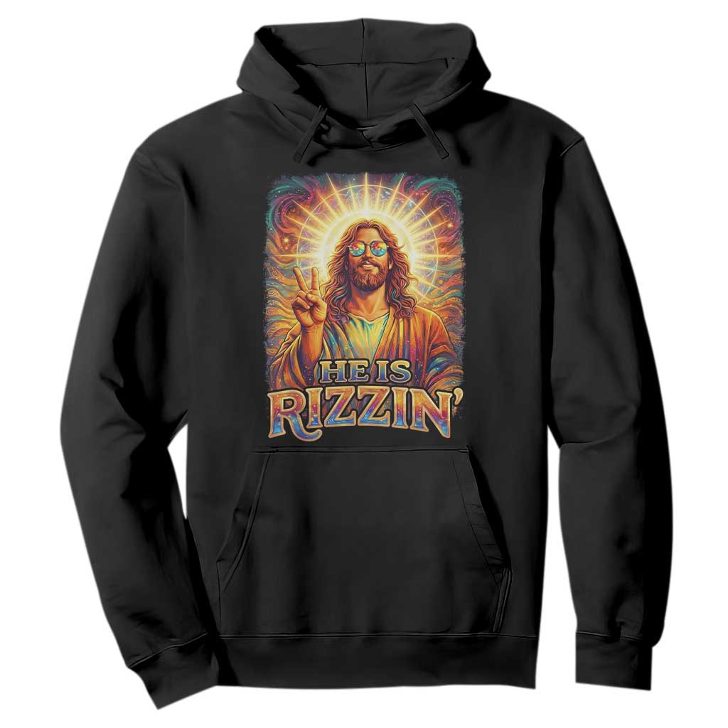 Funny Christian Easter He Is Rizzin Hoodie Trendy Jesus Humor with Sunglasses Faith Based Meme Gift TS02 Black Print Your Wear