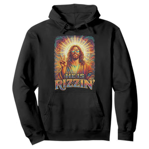 Funny Christian Easter He Is Rizzin Hoodie Trendy Jesus Humor with Sunglasses Faith Based Meme Gift TS02 Black Print Your Wear