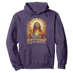 Funny Christian Easter He Is Rizzin Hoodie Trendy Jesus Humor with Sunglasses Faith Based Meme Gift TS02 Purple Print Your Wear