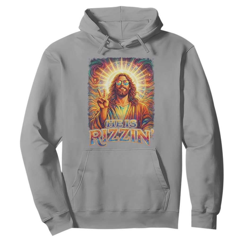 Funny Christian Easter He Is Rizzin Hoodie Trendy Jesus Humor with Sunglasses Faith Based Meme Gift TS02 Sport Gray Print Your Wear