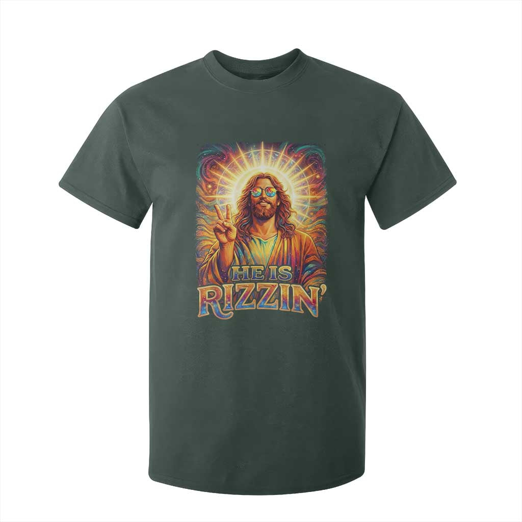 Funny Christian Easter He Is Rizzin T Shirt For Kid Trendy Jesus Humor with Sunglasses Faith Based Meme Gift TS02 Dark Forest Green Print Your Wear