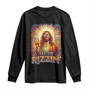 Funny Christian Easter He Is Rizzin Long Sleeve Shirt Trendy Jesus Humor with Sunglasses Faith Based Meme Gift TS02 Black Print Your Wear