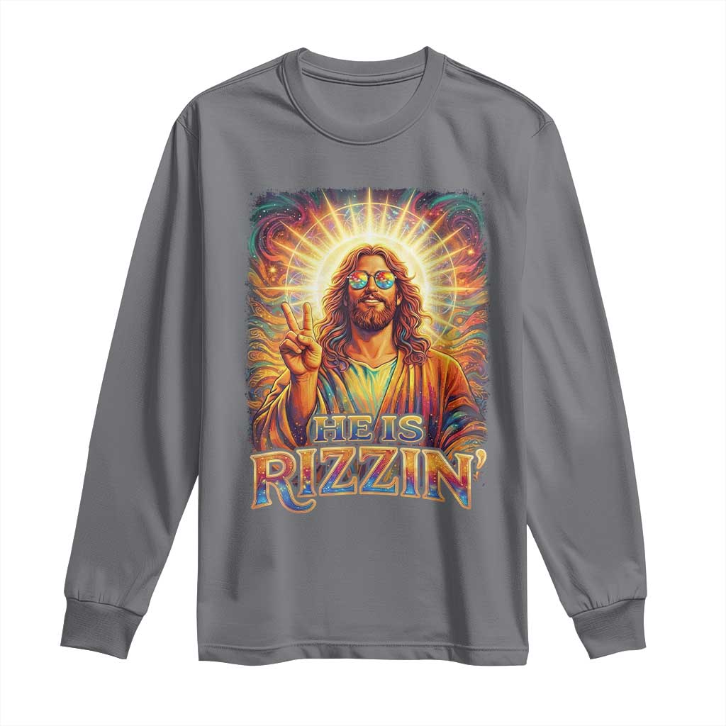 Funny Christian Easter He Is Rizzin Long Sleeve Shirt Trendy Jesus Humor with Sunglasses Faith Based Meme Gift TS02 Charcoal Print Your Wear