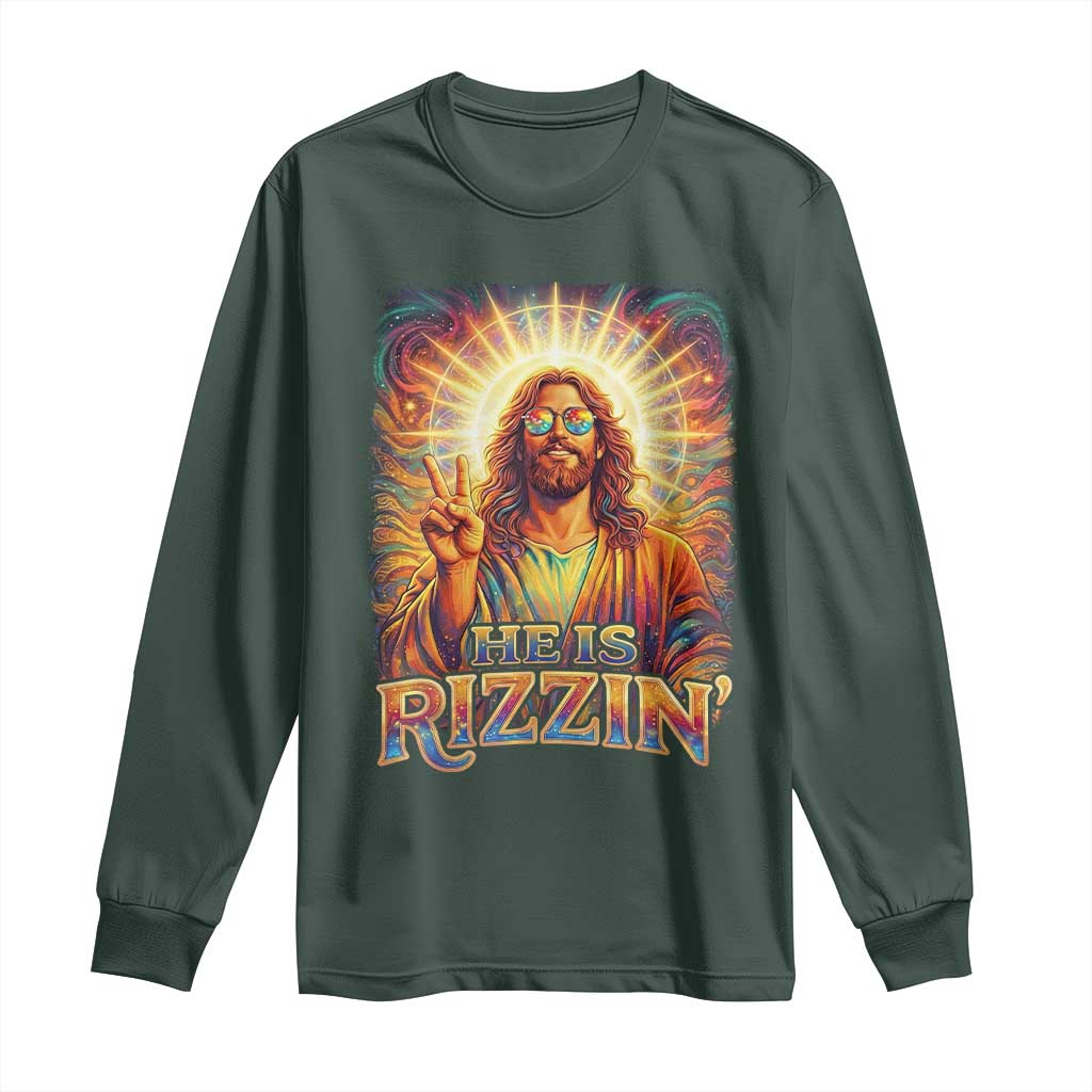 Funny Christian Easter He Is Rizzin Long Sleeve Shirt Trendy Jesus Humor with Sunglasses Faith Based Meme Gift TS02 Dark Forest Green Print Your Wear