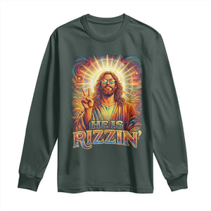 Funny Christian Easter He Is Rizzin Long Sleeve Shirt Trendy Jesus Humor with Sunglasses Faith Based Meme Gift TS02 Dark Forest Green Print Your Wear