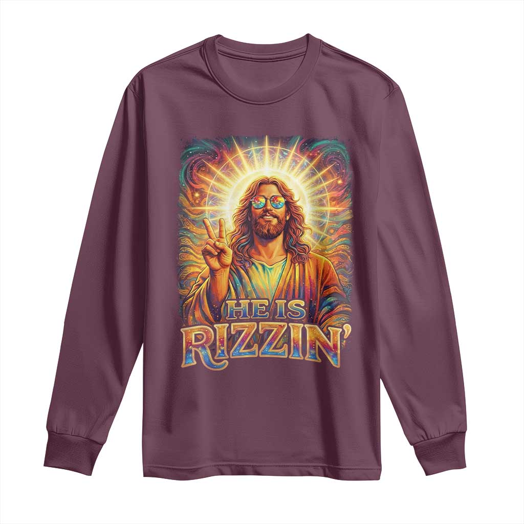 Funny Christian Easter He Is Rizzin Long Sleeve Shirt Trendy Jesus Humor with Sunglasses Faith Based Meme Gift TS02 Maroon Print Your Wear