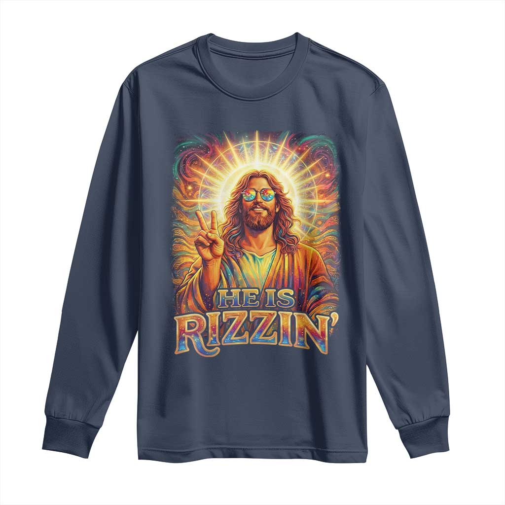 Funny Christian Easter He Is Rizzin Long Sleeve Shirt Trendy Jesus Humor with Sunglasses Faith Based Meme Gift TS02 Navy Print Your Wear