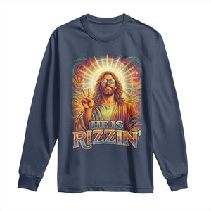 Funny Christian Easter He Is Rizzin Long Sleeve Shirt Trendy Jesus Humor with Sunglasses Faith Based Meme Gift TS02 Navy Print Your Wear