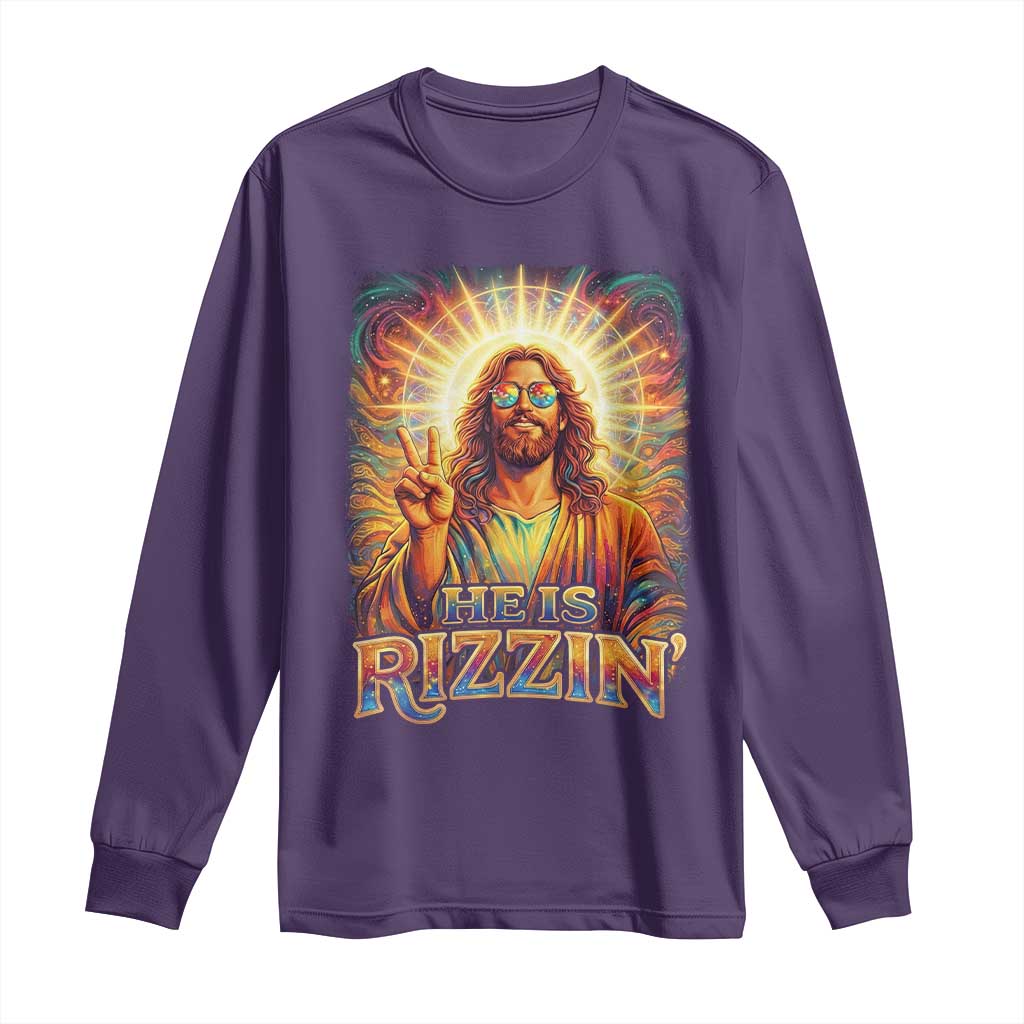 Funny Christian Easter He Is Rizzin Long Sleeve Shirt Trendy Jesus Humor with Sunglasses Faith Based Meme Gift TS02 Purple Print Your Wear