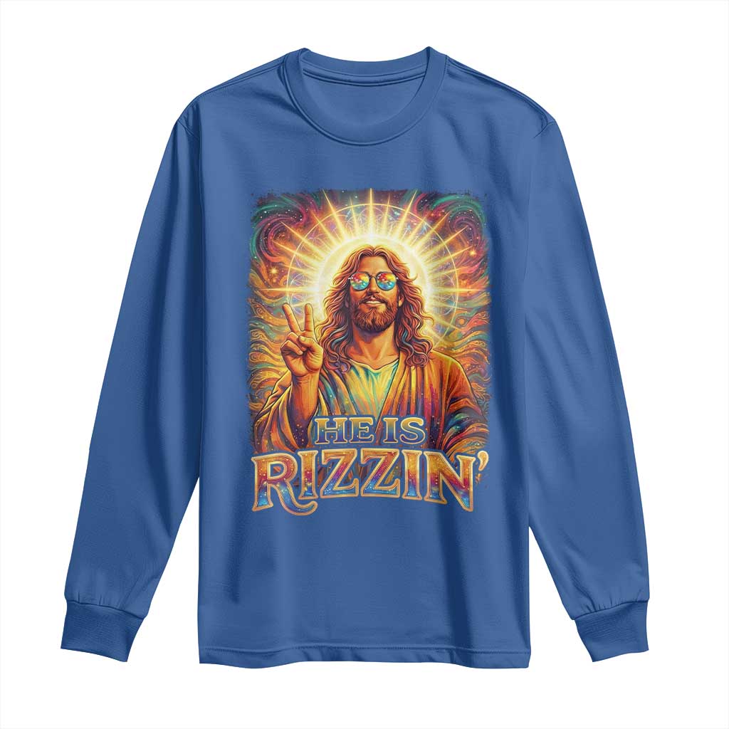 Funny Christian Easter He Is Rizzin Long Sleeve Shirt Trendy Jesus Humor with Sunglasses Faith Based Meme Gift TS02 Royal Blue Print Your Wear