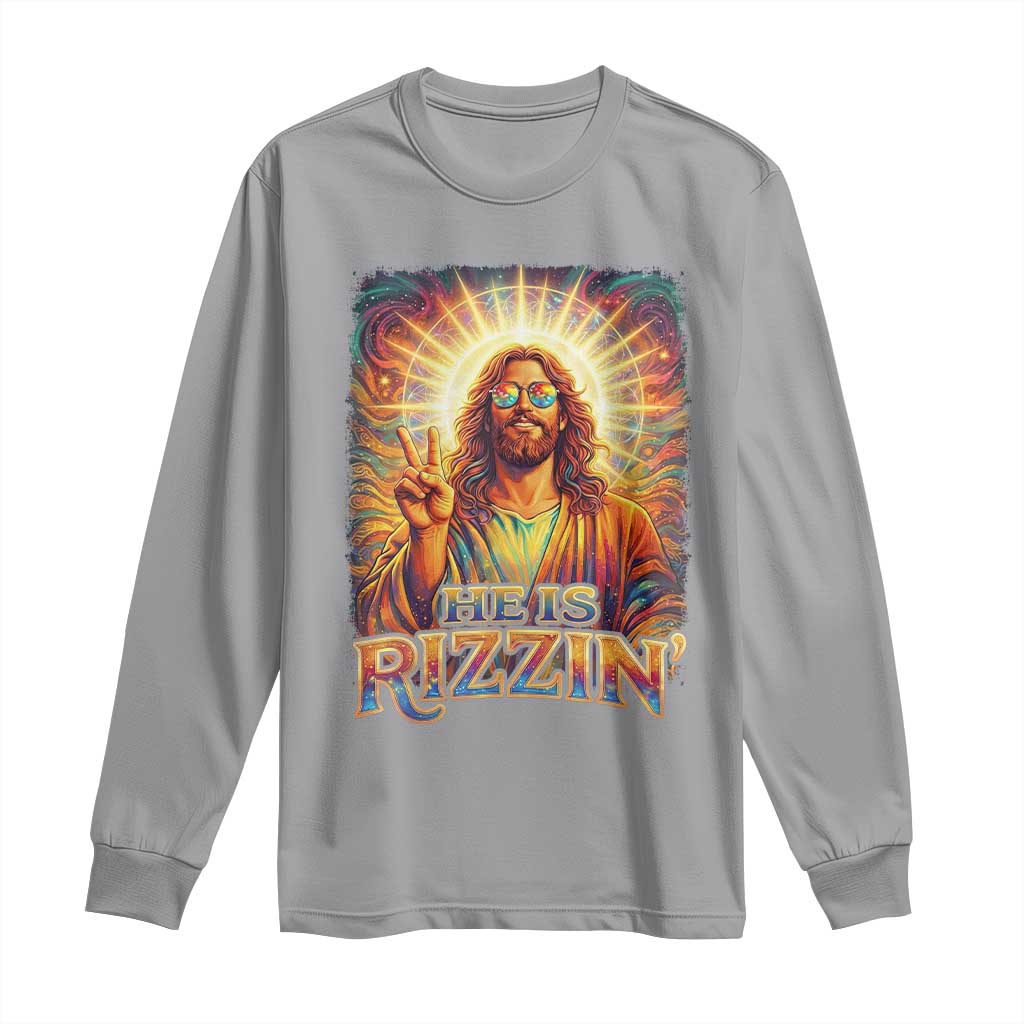 Funny Christian Easter He Is Rizzin Long Sleeve Shirt Trendy Jesus Humor with Sunglasses Faith Based Meme Gift TS02 Sport Gray Print Your Wear