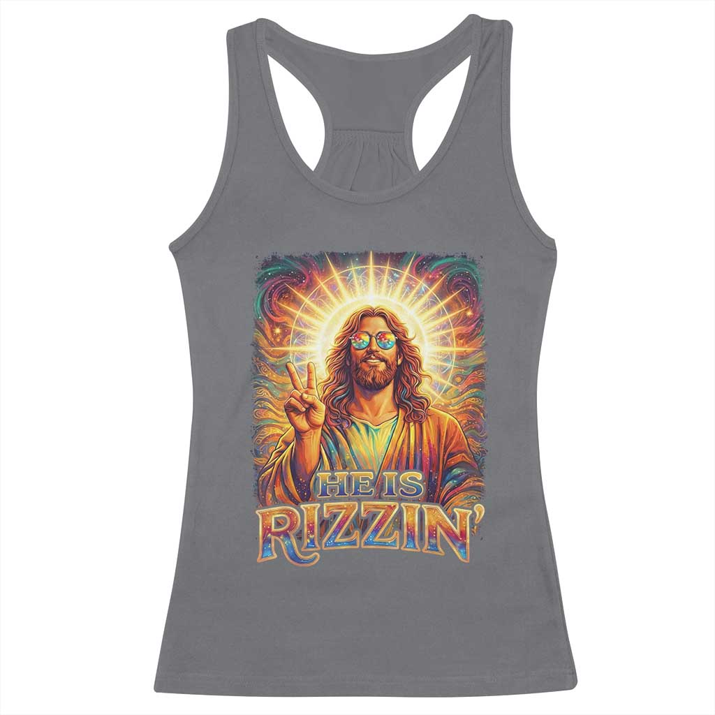 Funny Christian Easter He Is Rizzin Racerback Tank Top Trendy Jesus Humor with Sunglasses Faith Based Meme Gift TS02 Charcoal Print Your Wear