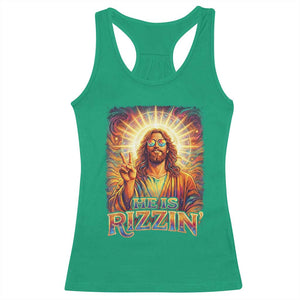 Funny Christian Easter He Is Rizzin Racerback Tank Top Trendy Jesus Humor with Sunglasses Faith Based Meme Gift TS02 Irish Green Print Your Wear