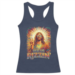 Funny Christian Easter He Is Rizzin Racerback Tank Top Trendy Jesus Humor with Sunglasses Faith Based Meme Gift TS02 Navy Print Your Wear