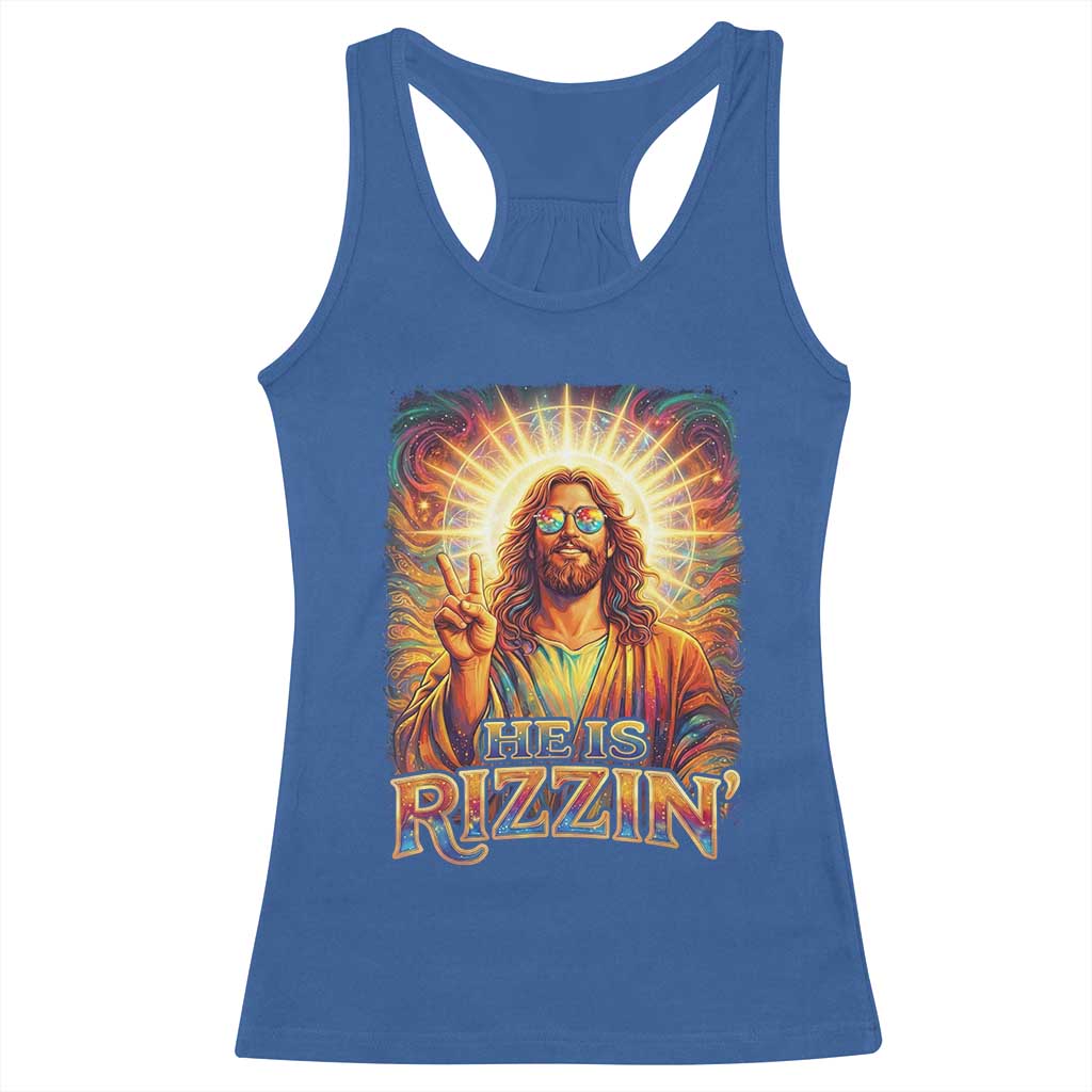 Funny Christian Easter He Is Rizzin Racerback Tank Top Trendy Jesus Humor with Sunglasses Faith Based Meme Gift TS02 Royal Blue Print Your Wear
