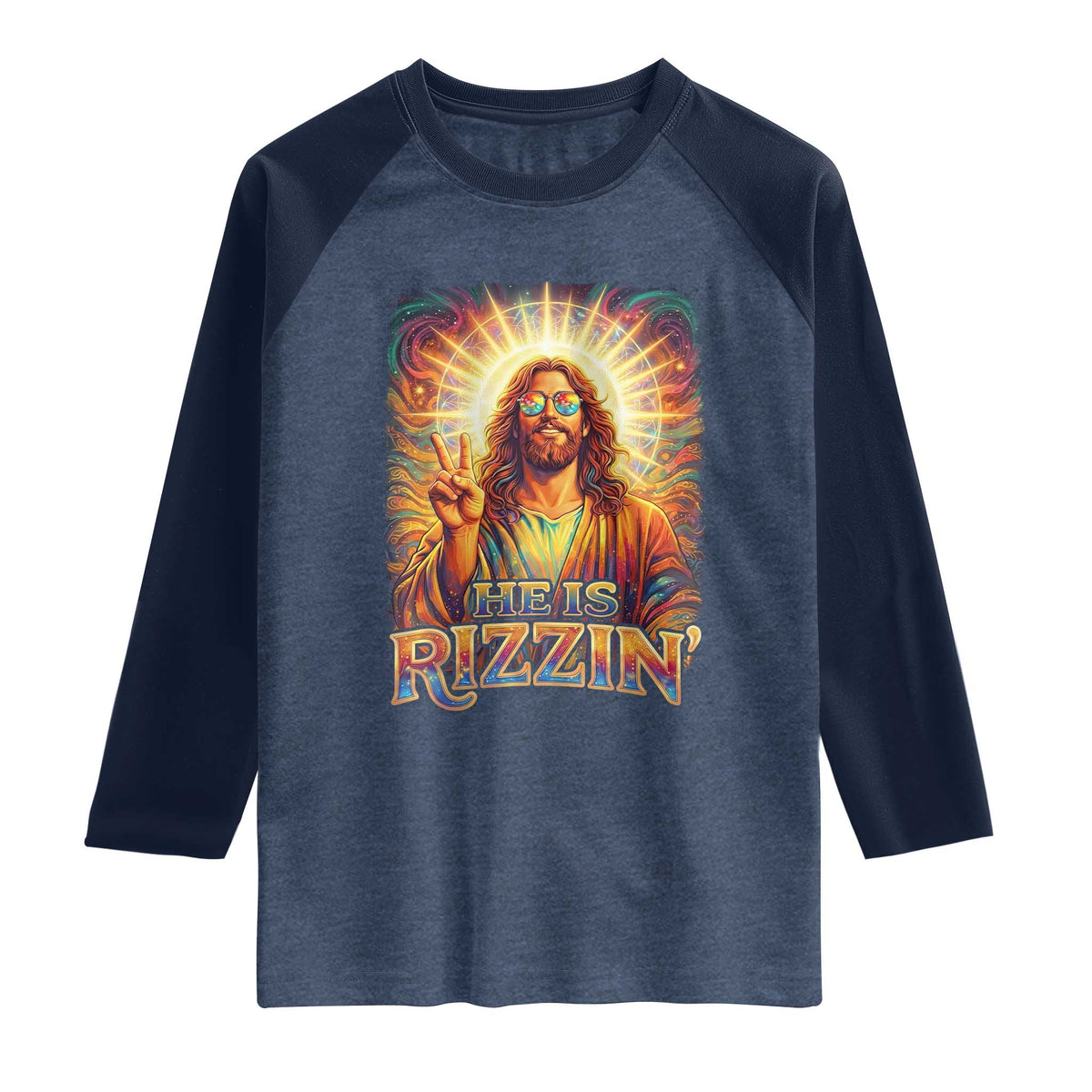 Funny Christian Easter He Is Rizzin Raglan Shirt Trendy Jesus Humor with Sunglasses Faith Based Meme Gift TS02 Heather Denim Navy Print Your Wear