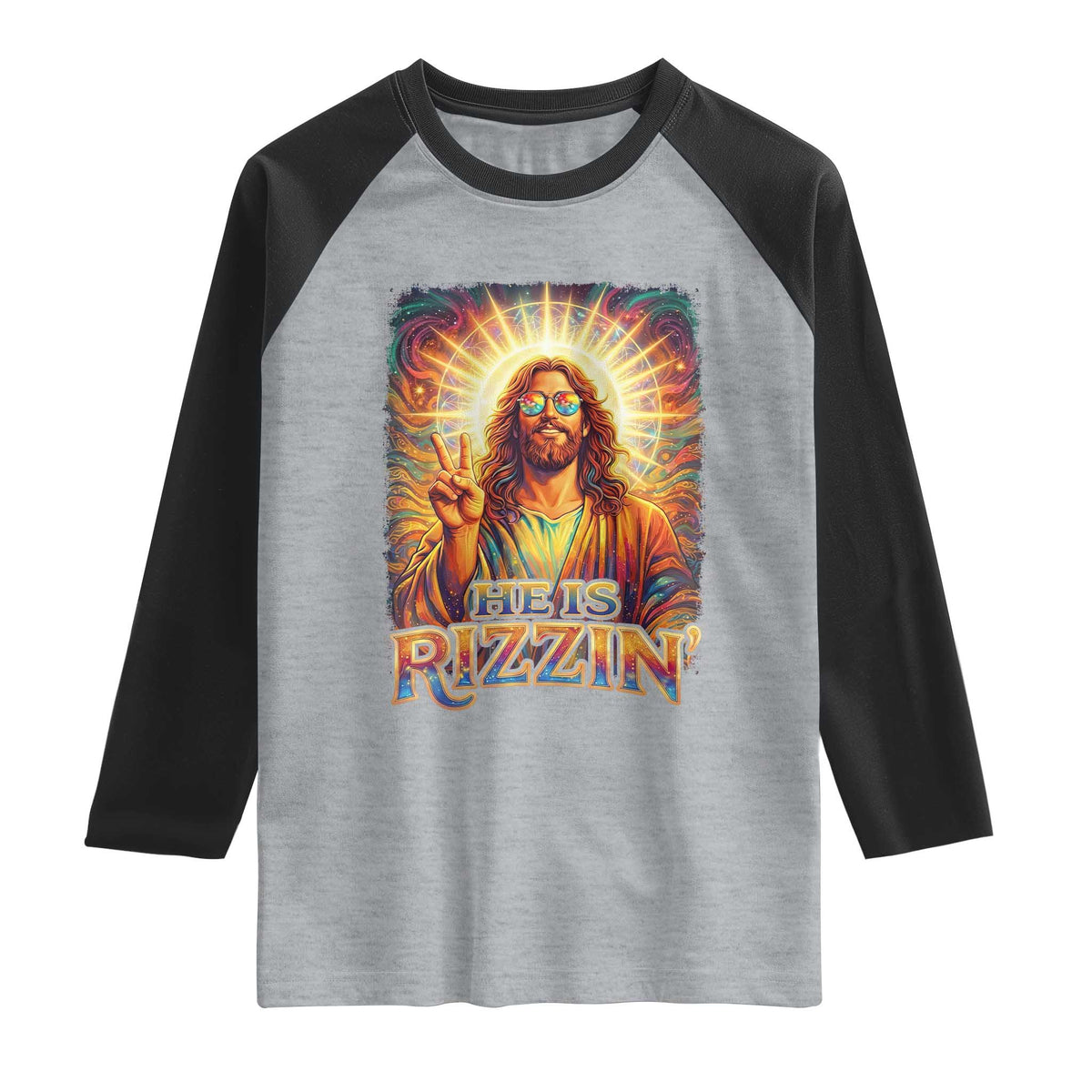 Funny Christian Easter He Is Rizzin Raglan Shirt Trendy Jesus Humor with Sunglasses Faith Based Meme Gift TS02 Heather Gray Black Print Your Wear