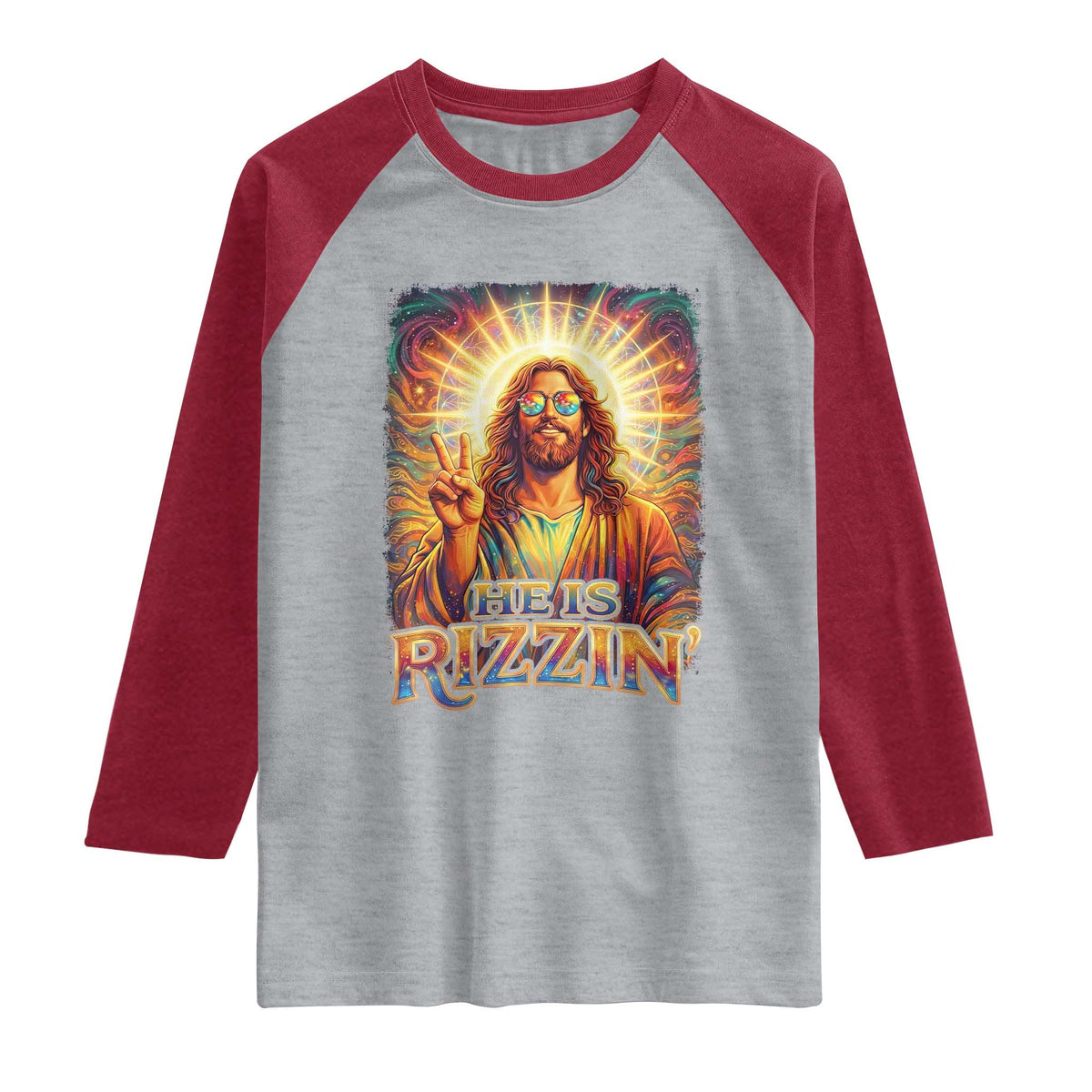 Funny Christian Easter He Is Rizzin Raglan Shirt Trendy Jesus Humor with Sunglasses Faith Based Meme Gift TS02 Heather Gray Heather Red Print Your Wear