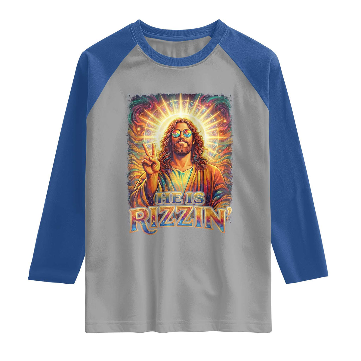 Funny Christian Easter He Is Rizzin Raglan Shirt Trendy Jesus Humor with Sunglasses Faith Based Meme Gift TS02 Sport Gray Royal Print Your Wear