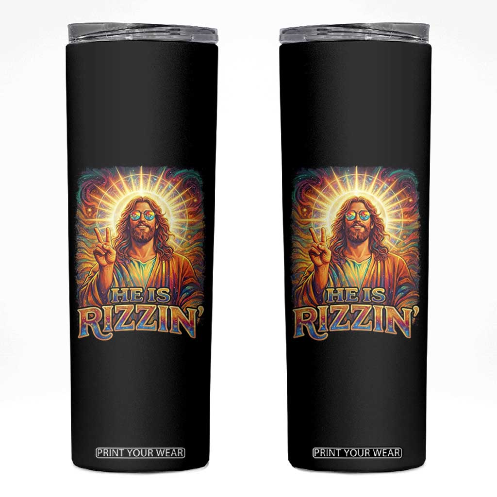 Funny Christian Easter He Is Rizzin Skinny Tumbler Trendy Jesus Humor with Sunglasses Faith Based Meme Gift TS02 Black Print Your Wear