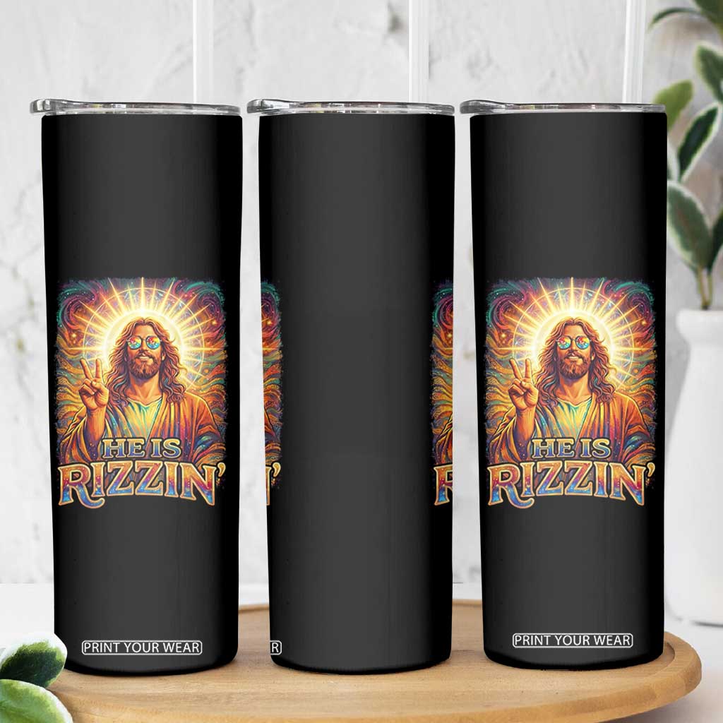 Funny Christian Easter He Is Rizzin Skinny Tumbler Trendy Jesus Humor with Sunglasses Faith Based Meme Gift TS02 Print Your Wear