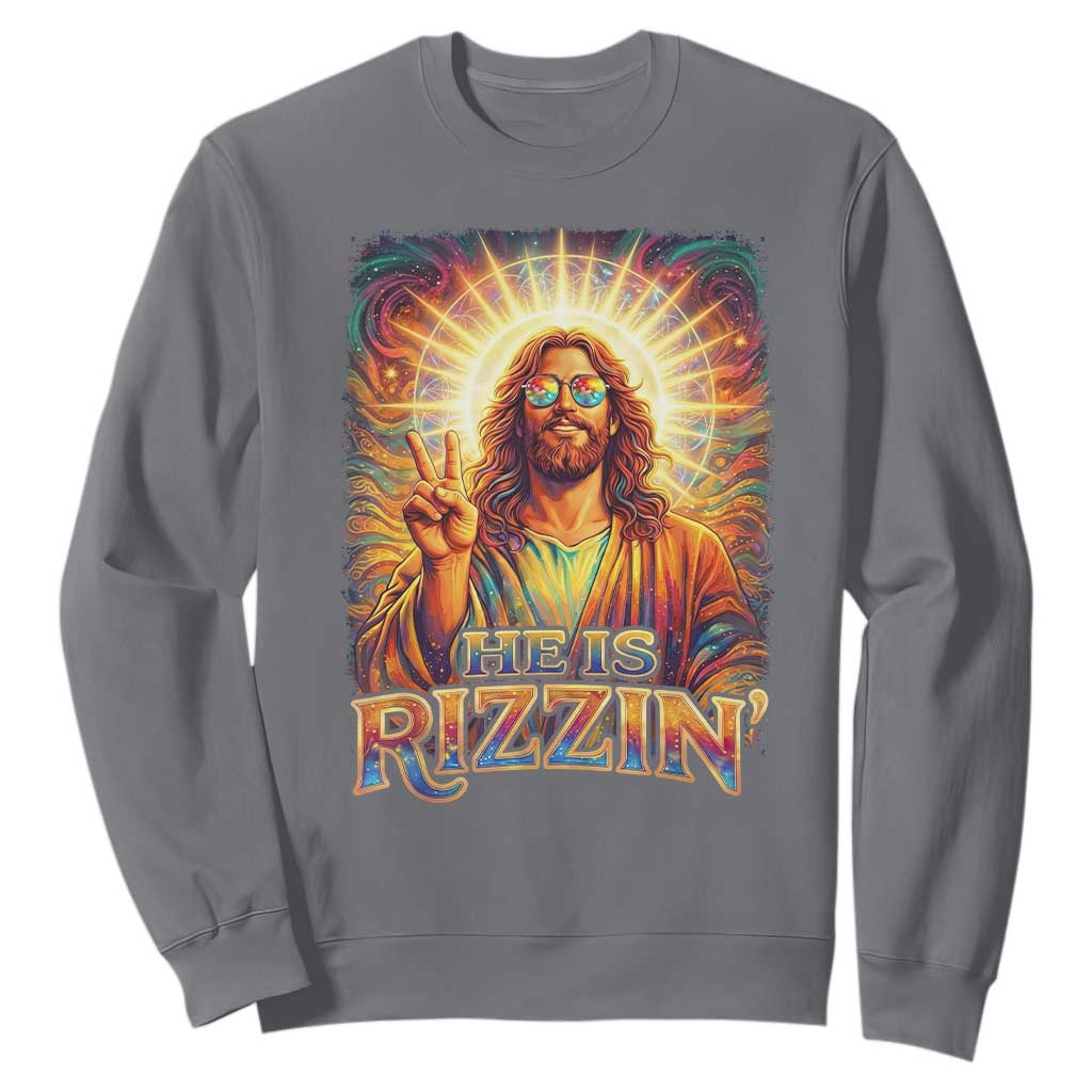 Funny Christian Easter He Is Rizzin Sweatshirt Trendy Jesus Humor with Sunglasses Faith Based Meme Gift TS02 Charcoal Print Your Wear