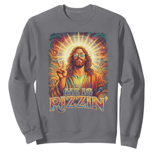 Funny Christian Easter He Is Rizzin Sweatshirt Trendy Jesus Humor with Sunglasses Faith Based Meme Gift TS02 Charcoal Print Your Wear