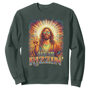 Funny Christian Easter He Is Rizzin Sweatshirt Trendy Jesus Humor with Sunglasses Faith Based Meme Gift TS02 Dark Forest Green Print Your Wear
