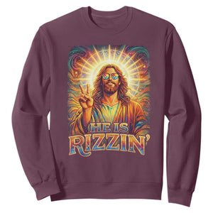 Funny Christian Easter He Is Rizzin Sweatshirt Trendy Jesus Humor with Sunglasses Faith Based Meme Gift TS02 Maroon Print Your Wear